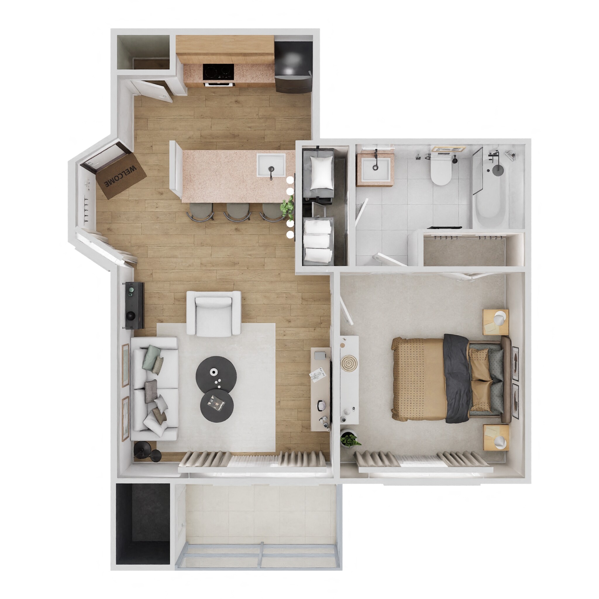 Floor plan for 1 bed, 1 bath, 595 sqft
